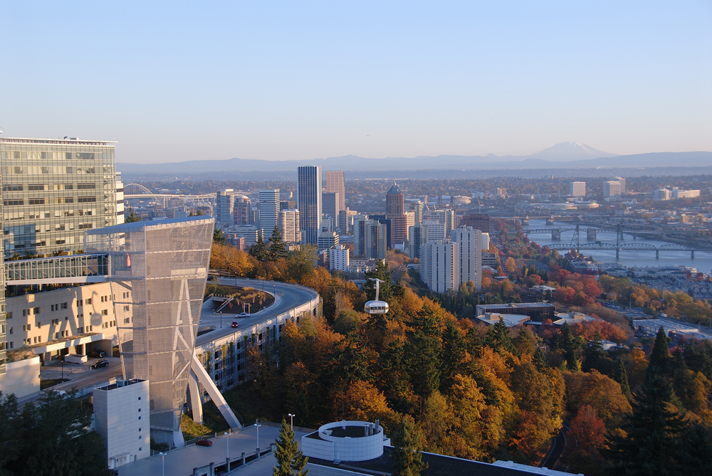 Photo showing Portland cityscape, including tram, by Kent Anderson.