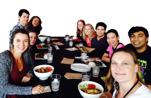 Group photo of Rugonyi Lab researchers, smiling while at lunch.