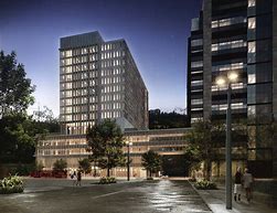 Nightime view of the center for health and healing buildings 1 and 2