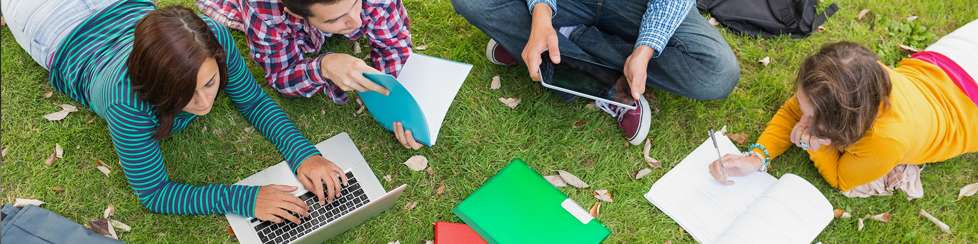Photo of students studying on the lawn.
