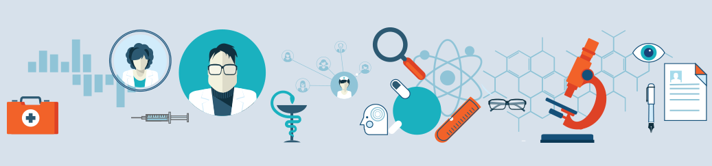 Graphic of various elements of clinical research. For example, scientists, microscope, magnifying glass, paper, pen, pipette, syringe, etc.