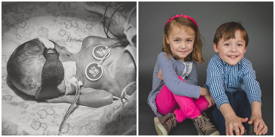 Two photos side-by-side, one black-and-white of a baby sleeping in the OHSU Doernbecher Children's Hospital NICU, and the other of a boy and a girl sitting next to each other on the floor smiling.