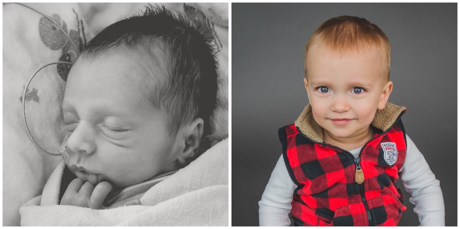 Two photos side-by-side, one black-and-white of a baby sleeping in the OHSU Doernbecher Children's Hospital NICU, and the other of a young boy sitting on the floor smiling.