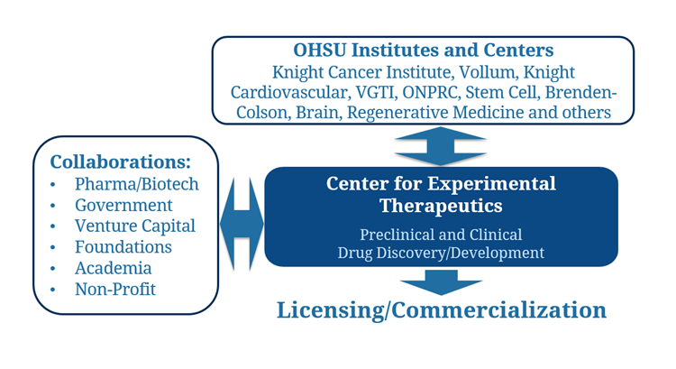 The Center for Experimental Therapeutics creates a hub for institutes and centers at OHSU to foster global collaboration with pharma, biotech, foundations and investors, and leads to licensing and commercialization.