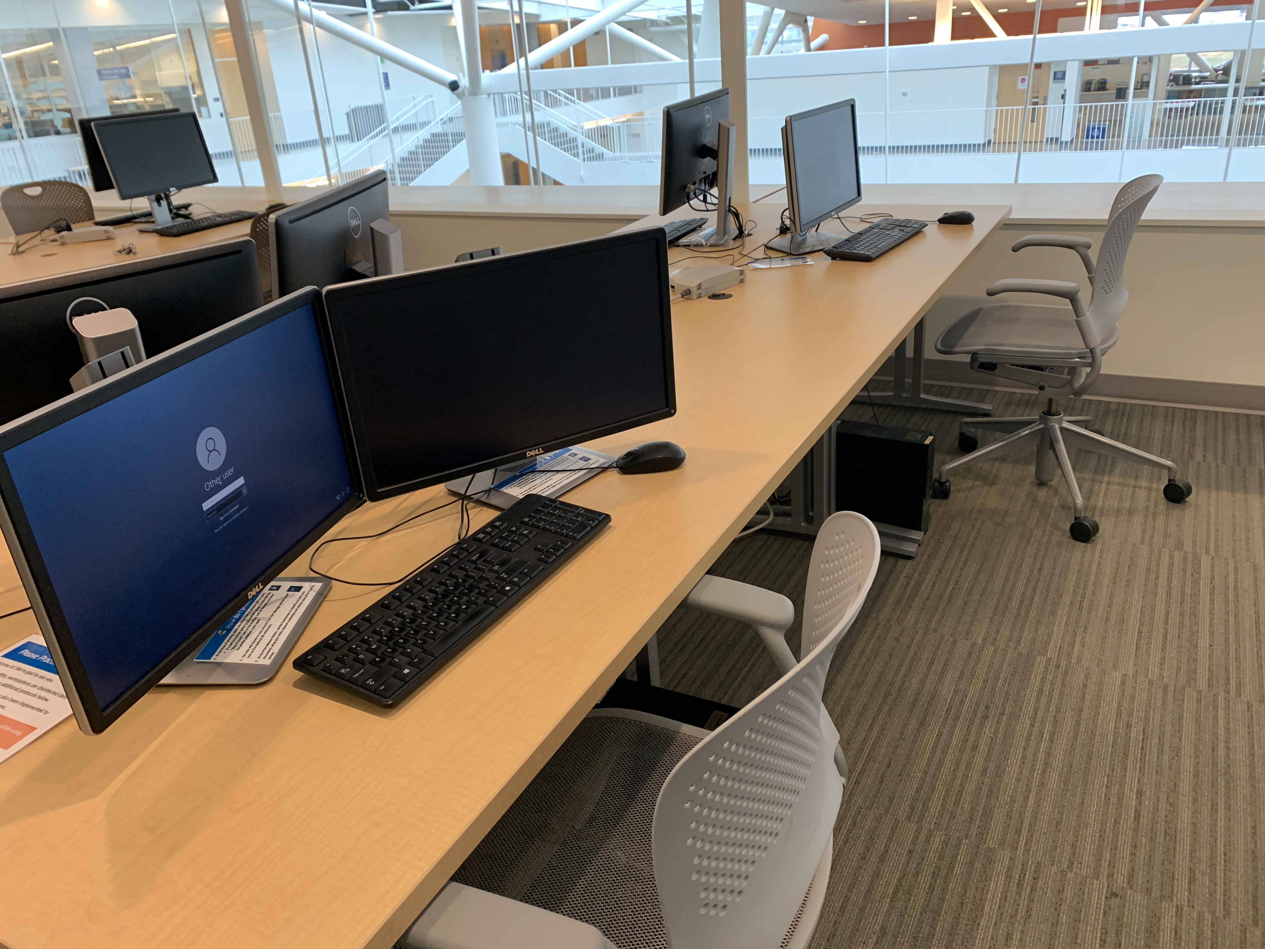 An open library space holds a row of computer stations with office chairs stationed at each. In the background, the atrium of the RLSB is visible.