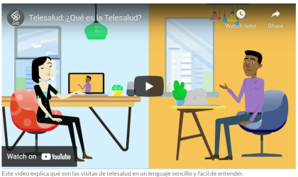 two cartoon characters seated at desks in different locations are shown on a split screen