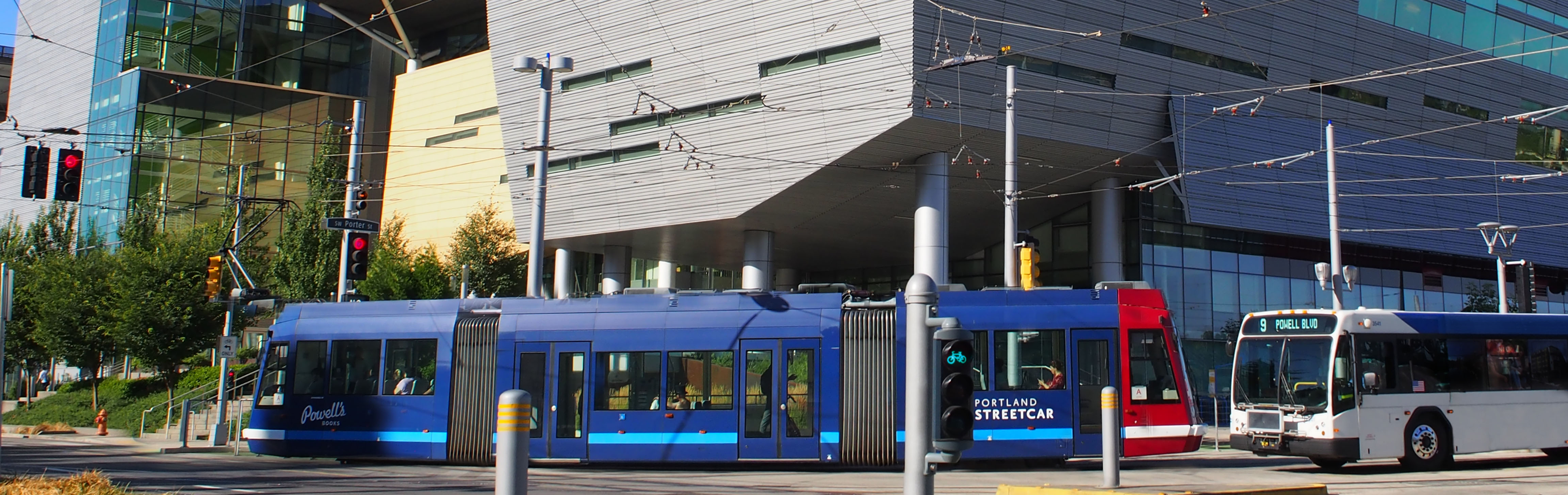 Streetcar and bus in front of RLSB.