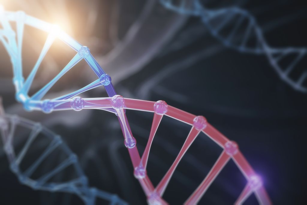 Scientific illustration of a blue and red double helix.