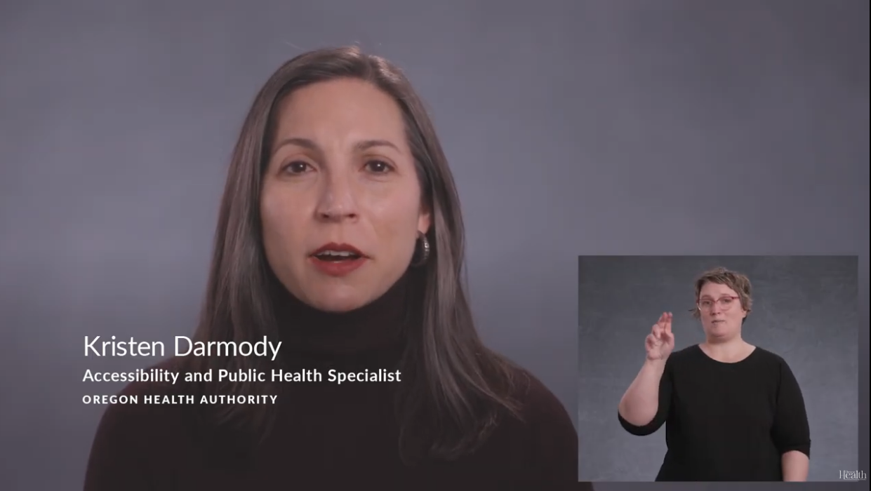 A screenshot from an OHA video featuring Kristen Darmody, a white person wearing a dark purple turtleneck.