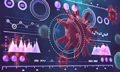 COVID-19 data dashboard with a COVID-19 virus behindbar, circle, and line graphs.