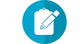 Clipboard and Pencil over blue, two tone circle 