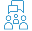 Icon of 3 head and shoulder sillhouettes with two overlapping thought bubbles clutered above their heads.