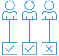 Icon of three head-and-shoulder with lines pointing downward under each to a box. Two boxes have a check mark. One has an x.
