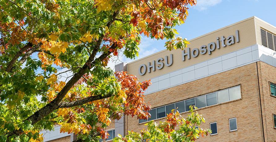 OHSU Hospital with colorful tree branches in foreground