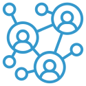 Blue icon of people in blue circles. The circles are connected to each other with lines. Approximation of a network diagram.