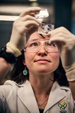 An OHSU researcher wearing her lab coat holds an X-ray image up to the light and examines it.