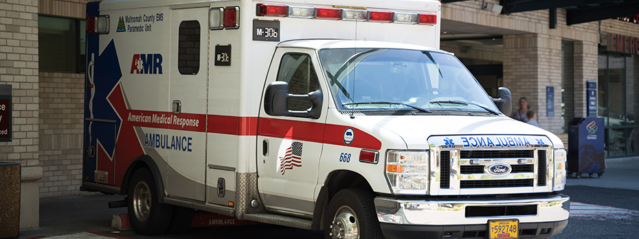 An ambulance parked outside OHSU Hospital.