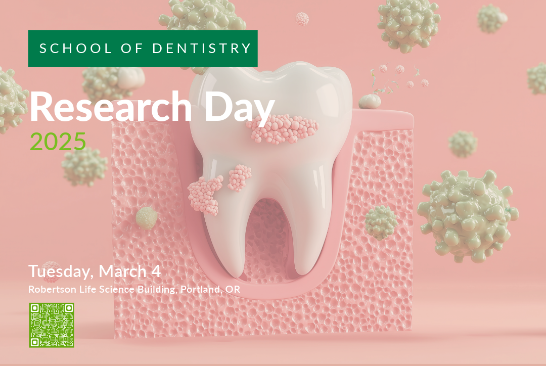 Research day image of an AI generated tooth in gum with nubby round globes representing microbes