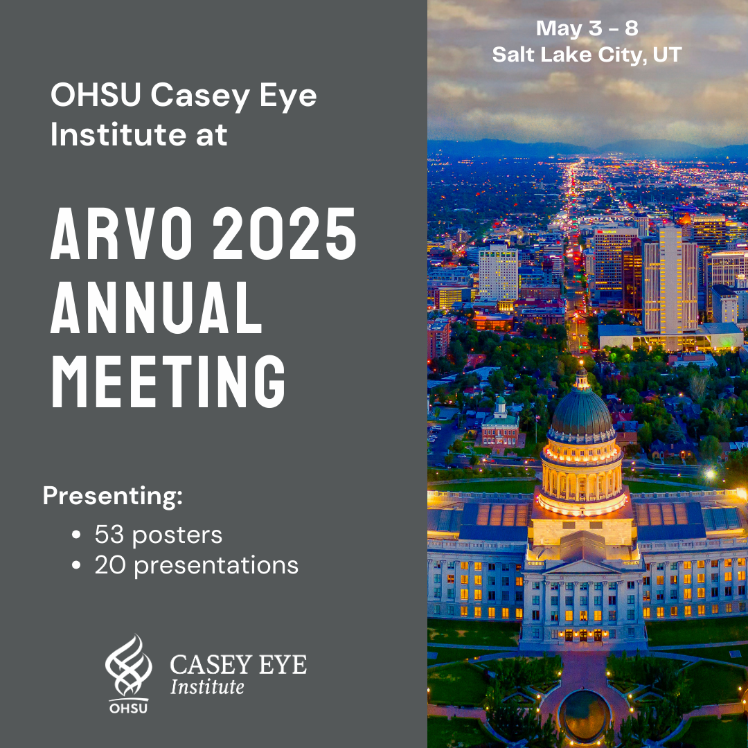 A split image with a photo of Salt Lake City skyline on the right and a gray background on the left that says "OHSU Casey Eye Institute at ARVO 2025 Annual Meeting Presenting 53 posters and 20 presentations"