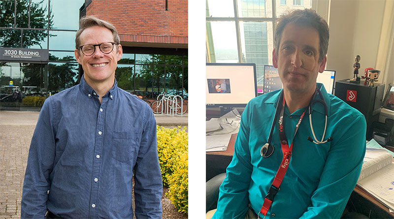 On the left sidde, Dr. Dorr smiles in front of OHSU’s 3030 Moody Building on the South Waterfront campus. On the right side, a portrait of Dr. Gold in his office. His computer and action figures are behind him. 