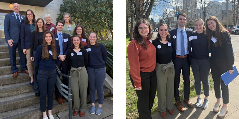 Two group photos side by side. The left group photo shows 10 people standing on stairs outside a building. The right photo shows 5 people standing on a sidewalk.