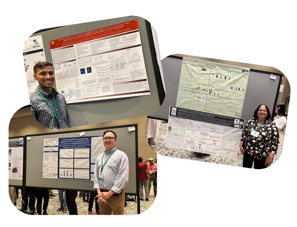 A collage of three photos each showing a person standing in front of their scientific posters at a conference.