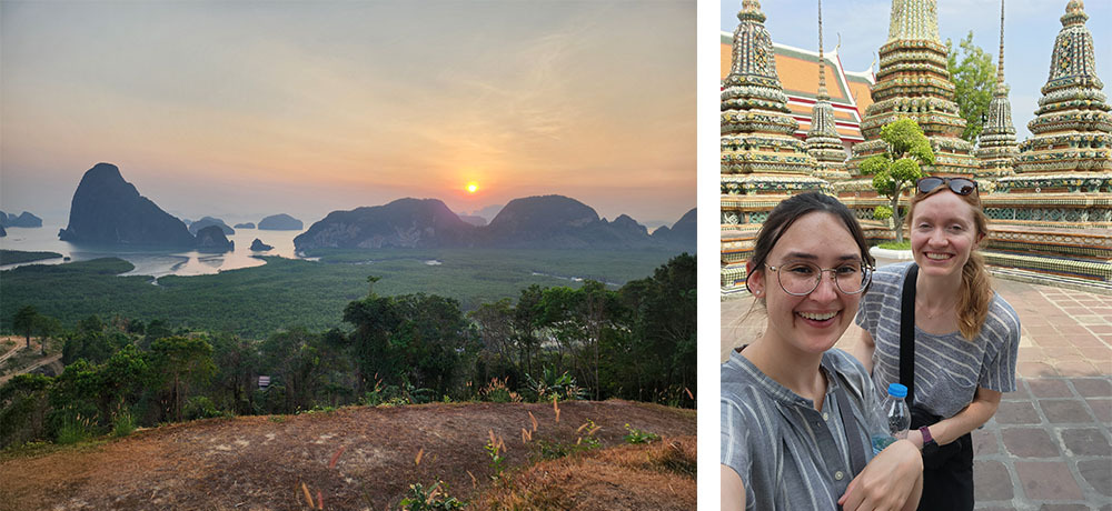 On the left, a Thailand landscape showing fields in the foreground and the sea with several large rock stacks and a setting sun in the background. On the right, two women take a selfie while smiling in front of a temple in Thailand.