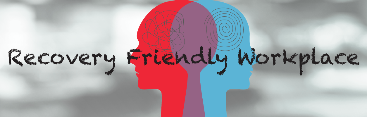abstract illustration with a red and blue head signifying recovery from mental illness with the words "recovery friendly workplace" written over the heads.