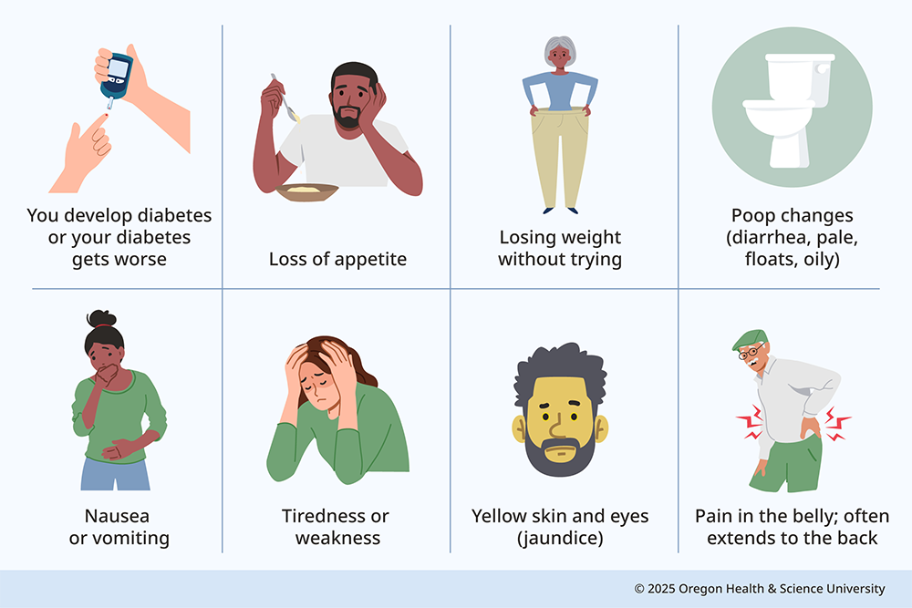 An illustration shows signs and symptoms of pancreatic cancer: developing diabetes or having diabetes that gets worse; loss of appetite; losing weight without trying; poop changes (diarrhea, pale, floats, oily); nausea or vomiting; tiredness or weakness; yellow skin and eyes (jaundice); and pain the belly that often extends to the back.