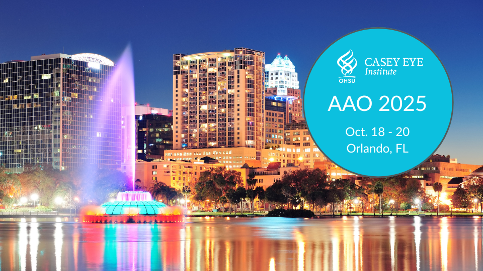 Skyline view at night of Orlando, FL with a colorful fountain.