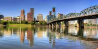 View of Willamette River and bridge across Portland